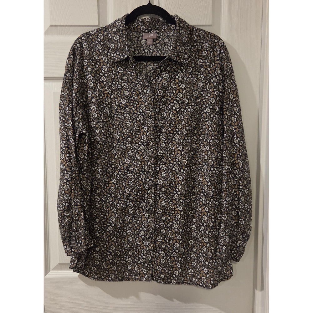 J. Jill 100% Linen Floral Button Front Blouse Shirt 1X Brown Tan‎ Long Sleeve